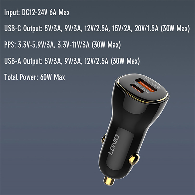 شارژر فندکی الدینیو مدل LDNIO C103 | شارژ سریع 60 وات، دو پورت PD و QC