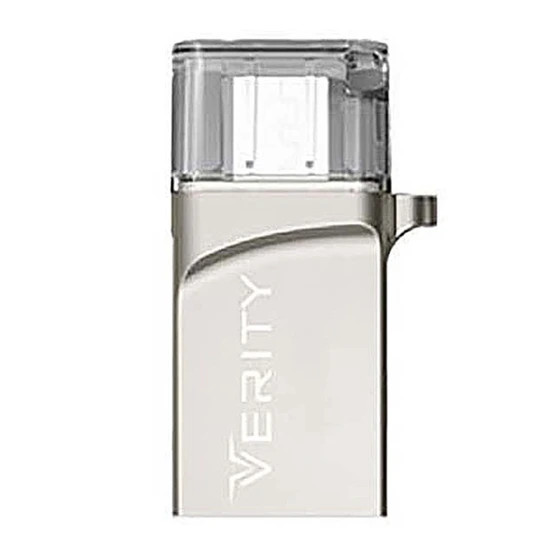 فلش مموری Verity O502 ظرفیت 32 گیگابایت با دو رابط USB و Micro USB، مناسب برای انتقال سریع اطلاعات بین گوشی، تبلت و کامپیوتر. طراحی فلزی، مقاوم و دارای گارانتی