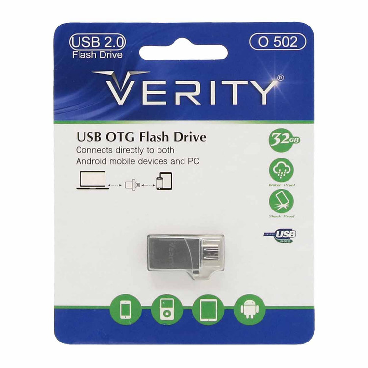 فلش مموری Verity O502 ظرفیت 32 گیگابایت با دو رابط USB و Micro USB، مناسب برای انتقال سریع اطلاعات بین گوشی، تبلت و کامپیوتر. طراحی فلزی، مقاوم و دارای گارانتی