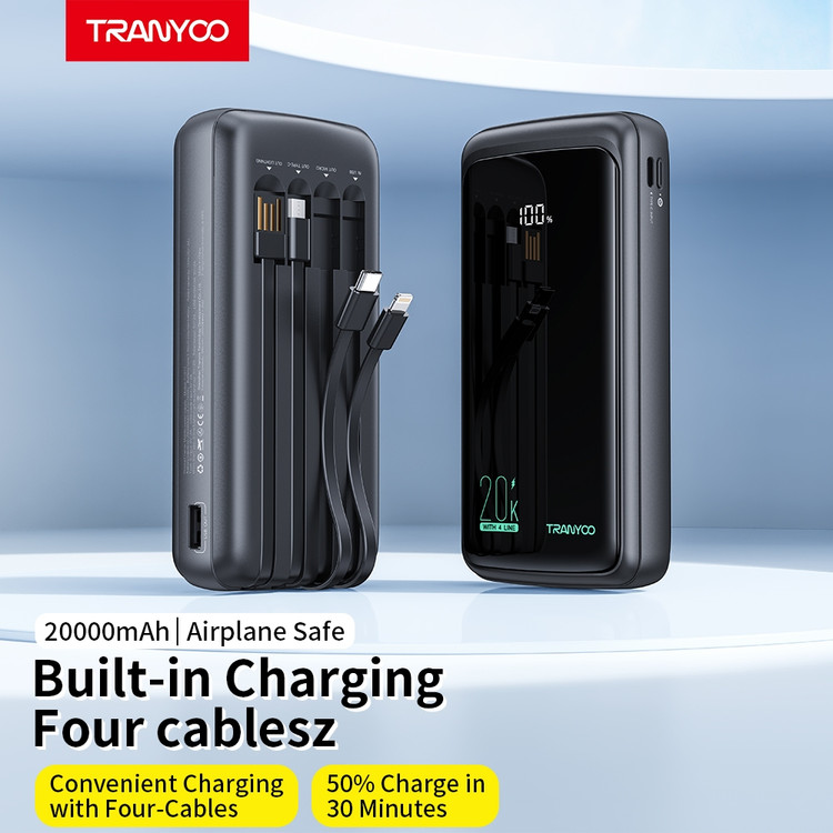 پاوربانک Tranyoo T-D11 ظرفیت ۲۰۰۰۰ میلیآمپر ساعت | شارژ سریع با ۴ کابل داخلی
