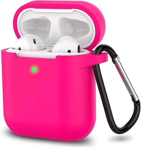 قاب سیلیکونی AirPods 2 رنگ صورتی فسفری با قلاب فلزی