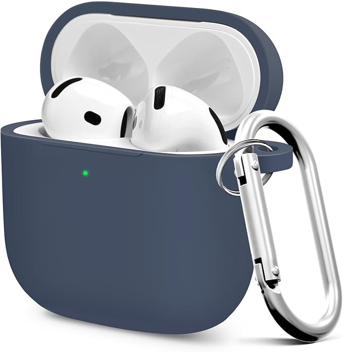 کاور سیلیکونی AirPods 4 رنگ کتان آبی با کارابین فلزی