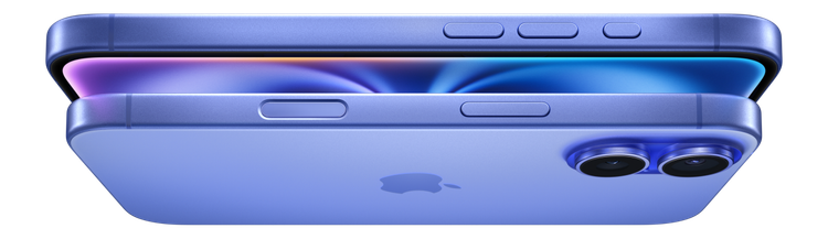 نمای کناری گوشی iPhone 16 رنگ آبی با طراحی باریک