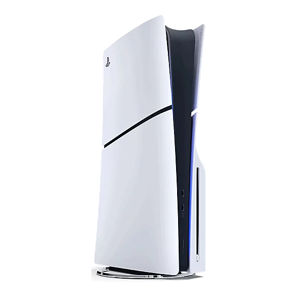 نمای زاویهدار کنسول Sony PS5 Slim Disc Edition در حالت عمودی