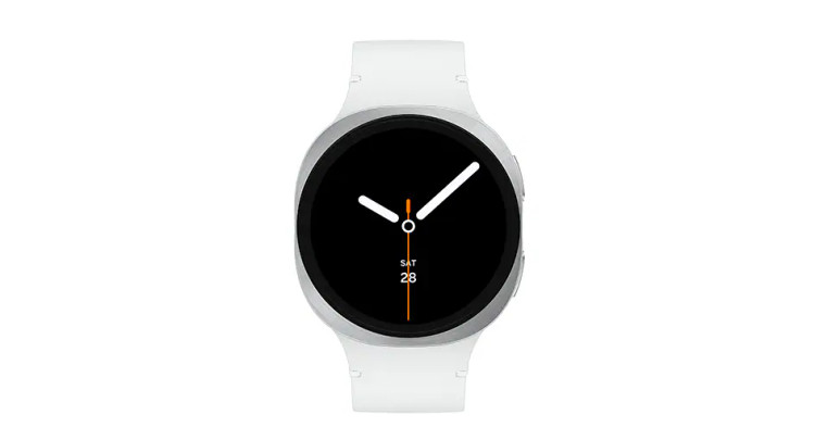 نمای کامل Galaxy Watch 8 سایز ۴۴ میلیمتر نقرهای با بند سفید