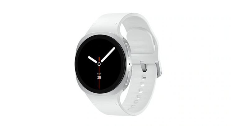نمای زاویهدار ساعت سامسونگ Galaxy Watch 8 نقرهای با طراحی باریک
