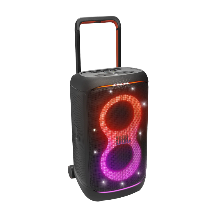 نمای زاویهدار اسپیکر JBL PartyBox 520 با دسته تلسکوپی و چرخ حمل