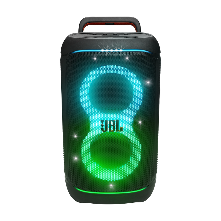 نمای روبهروی اسپیکر بلوتوثی JBL PartyBox 520 با نورپردازی سبز و آبی