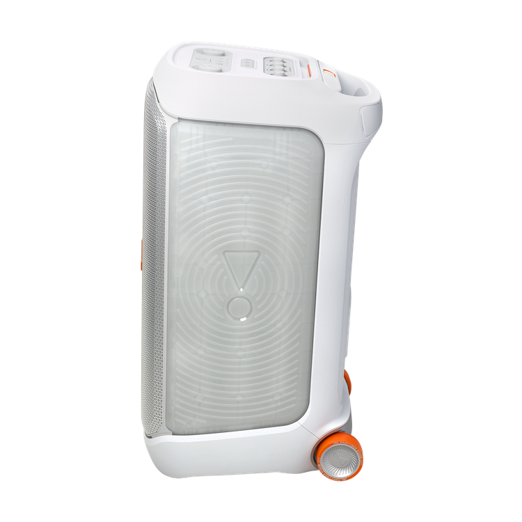 نمای کامل کناری اسپیکر JBL PartyBox Stage 320 سفید با چرخ حمل