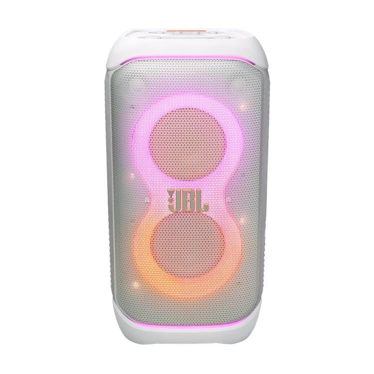 نمای جلوی اسپیکر JBL PartyBox Stage 320 سفید با نورپردازی صورتی و نارنجی