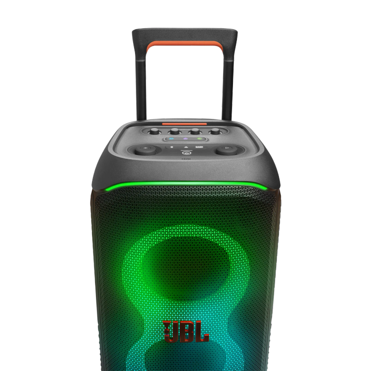 نمای روبهروی اسپیکر JBL PartyBox Stage 320 با نورپردازی سبز و پنل کنترل بالایی