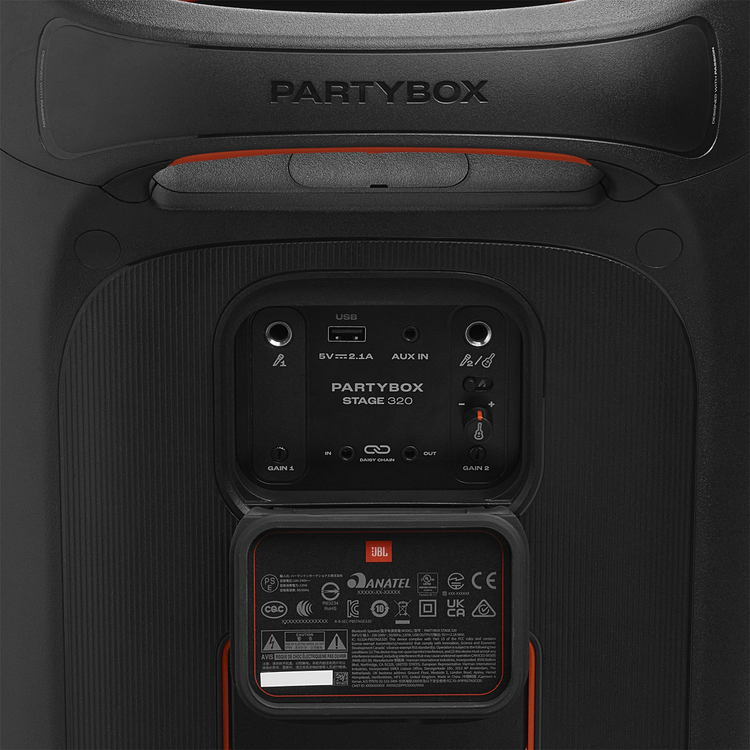 نمای نزدیک پنل ورودیها و اتصالات اسپیکر JBL PartyBox Stage 320