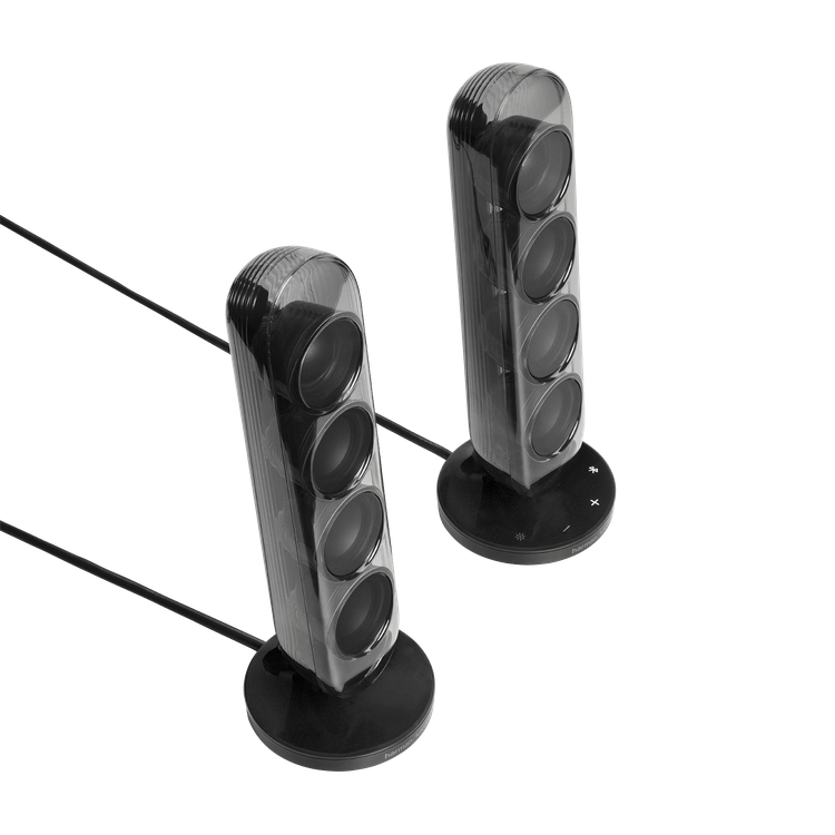 نمای دو اسپیکر ستونی Harman Kardon SoundSticks 5 روی پایه رومیزی