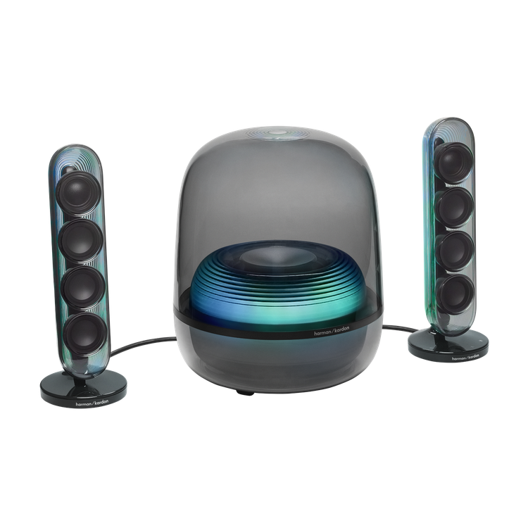 نمای کامل اسپیکر Harman Kardon SoundSticks 5 با سابووفر شفاف و نورپردازی آبی