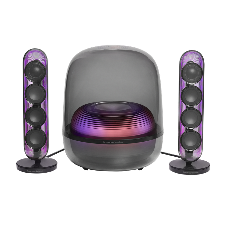 نمای کامل اسپیکر هارمن کاردن SoundSticks 5 با نورپردازی بنفش