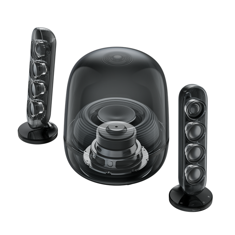 نمای اجزای اسپیکر Harman Kardon SoundSticks 5 شامل سابووفر و دو بلندگوی ستونی