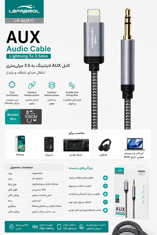 کابل AUX لایتنینگ به 3.5 میلیمتری Lapramol مدل LP-AUX11