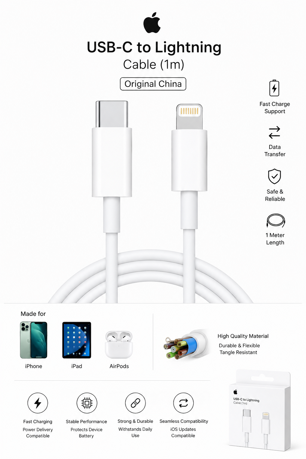 کابل شارژ اصلی چین آیفون USB-C to Lightning یک متری