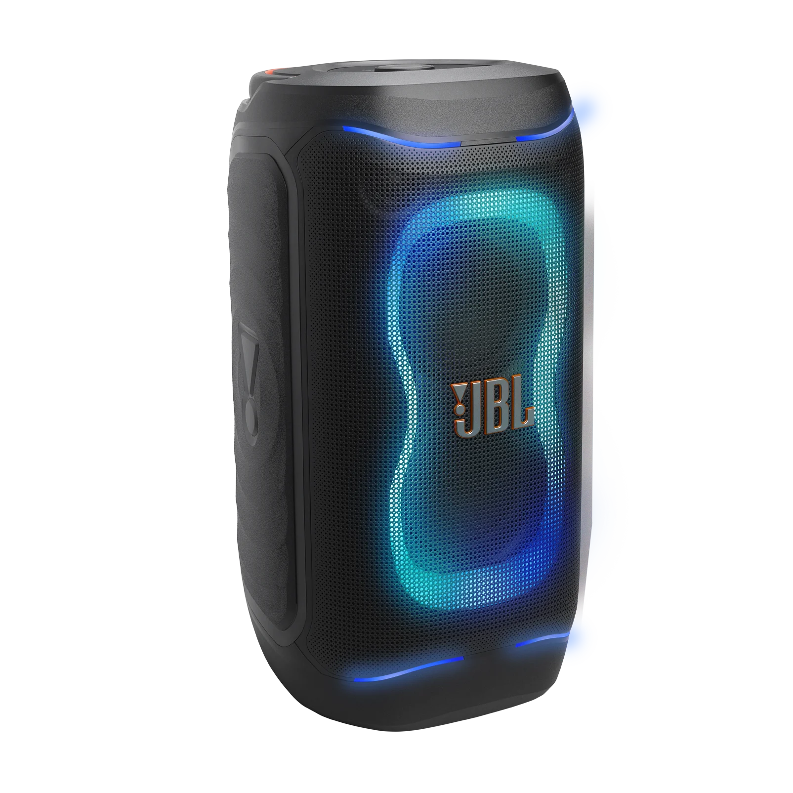 اسپیکر بلوتوثی قابل حمل JBL PartyBox 130 رنگ مشکی نمای روبه‌رو با نورپردازی آبی