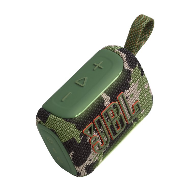 نمای زاویهدار اسپیکر JBL Go 5 رنگ Squad (ارتشی) با بند حمل