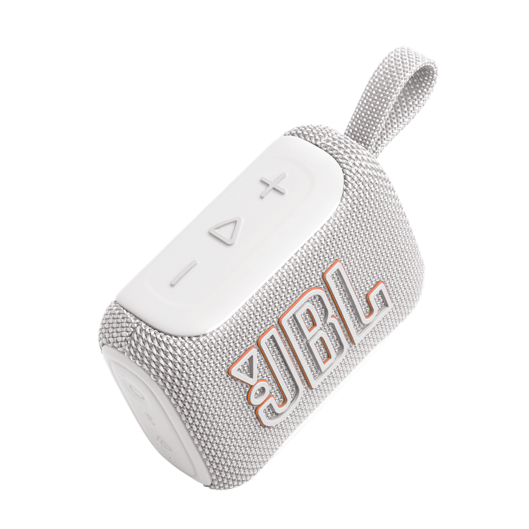 نمای زاویهدار اسپیکر JBL Go 5 رنگ سفید با بند حمل