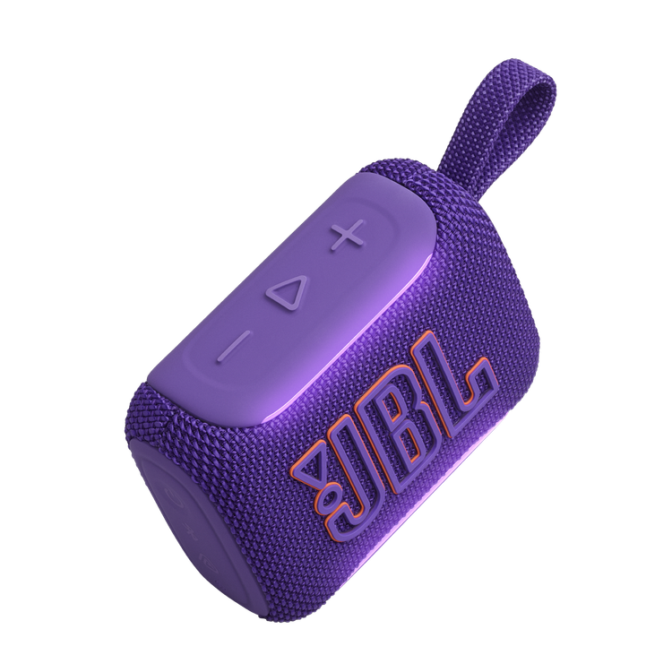 نمای زاویهدار اسپیکر JBL Go 5 رنگ بنفش با بند حمل