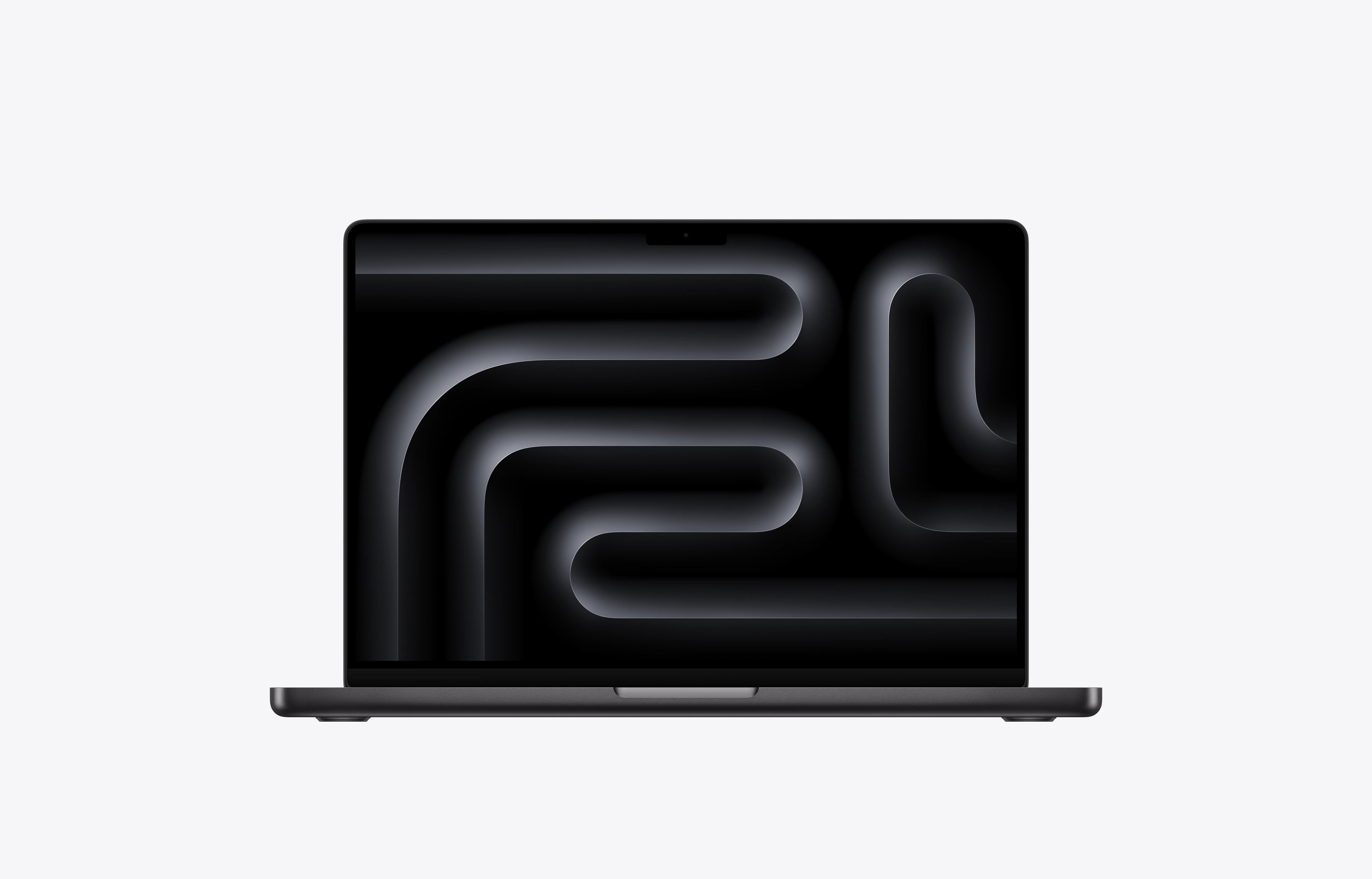 لپ تاپ اپل MacBook Pro 14 M5 Max مدل MGDU4 رنگ Space Black با رم 36 گیگابایت و حافظه 2 ترابایت، نمای روبه‌رو و نمایشگر روشن