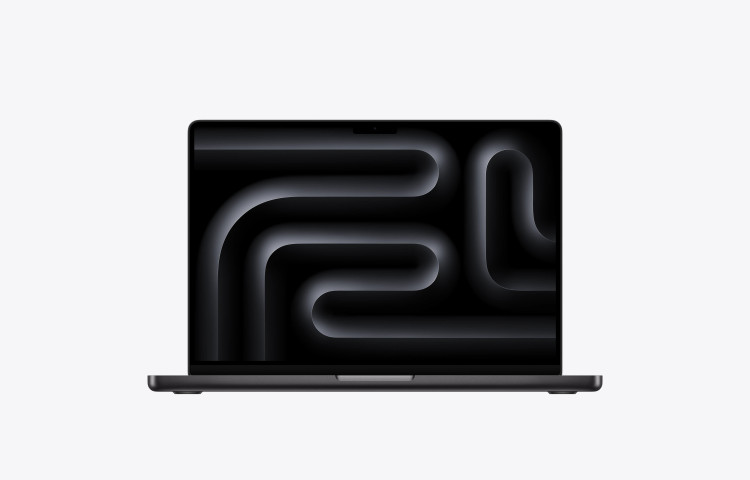 لپ تاپ اپل MacBook Pro 14 ۲۰۲۶ M5 Max مدل MGDU4 رنگ Space Black با حافظه یکپارچه 36 گیگابایت و ظرفیت 2 ترابایت، نمای روبهرو و نمایشگر روشن