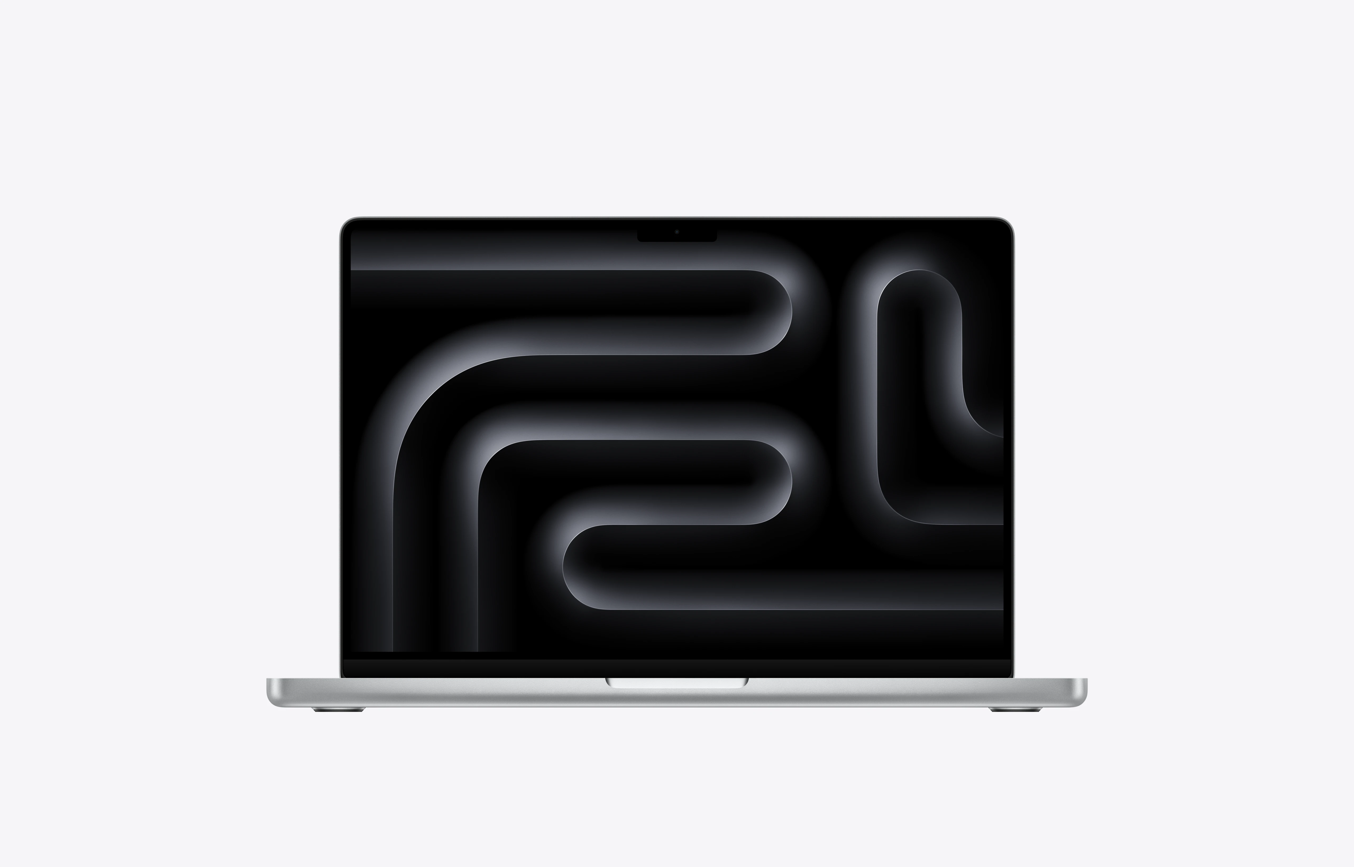 لپ تاپ اپل MacBook Pro 14 M5 Max مدل MGDQ4 رنگ Silver با رم 36 گیگابایت و حافظه 2 ترابایت، نمای روبه‌رو و نمایشگر روشن