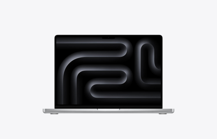 لپ تاپ اپل MacBook Pro 14 M5 Max مدل MGDQ4 رنگ Silver با رم 36 گیگابایت و حافظه 2 ترابایت، نمای روبهرو و نمایشگر روشن