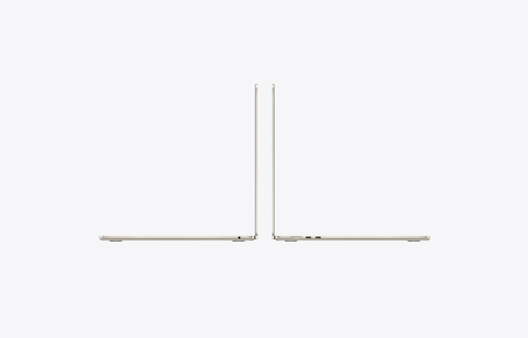 نمای باز شده MacBook Air 15 inch M5 مدل MDVD4 رنگ استارلایت با نمایشگر Liquid Retina و طراحی باریک اپل